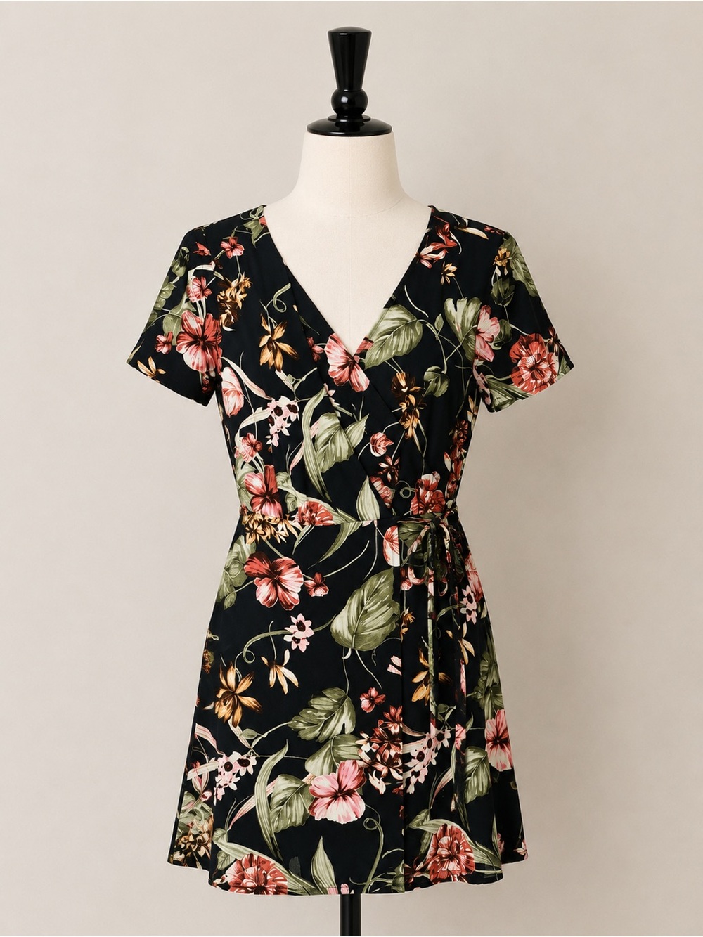 Forever 21 Black Floral Wrap-Style Mini Dress with Pink & Green